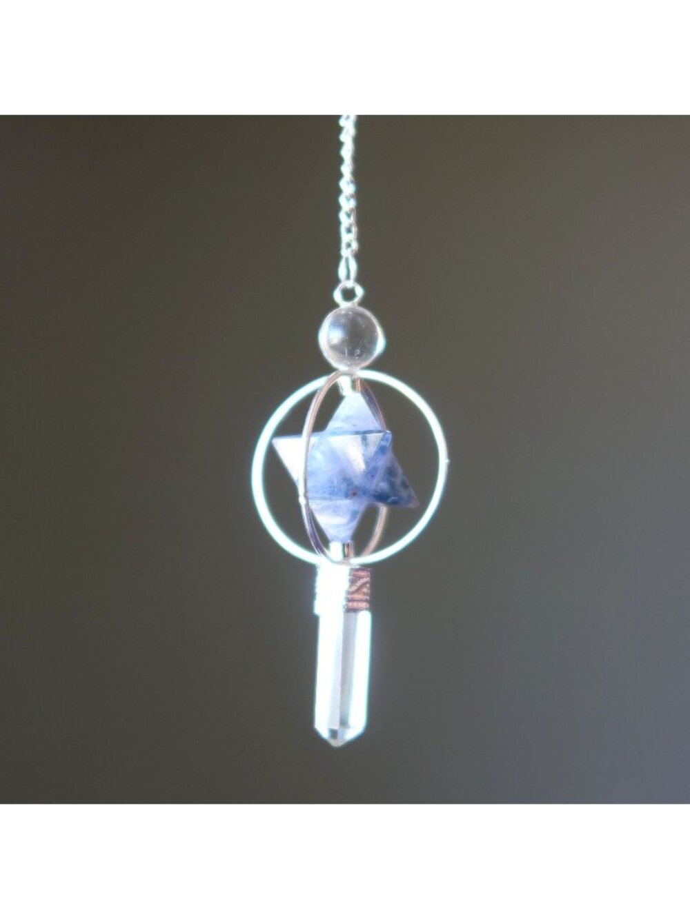 Clear Quartz Pendulum Iolite Merkaba Star Sacred Geometry Crystal Dowsing Tool